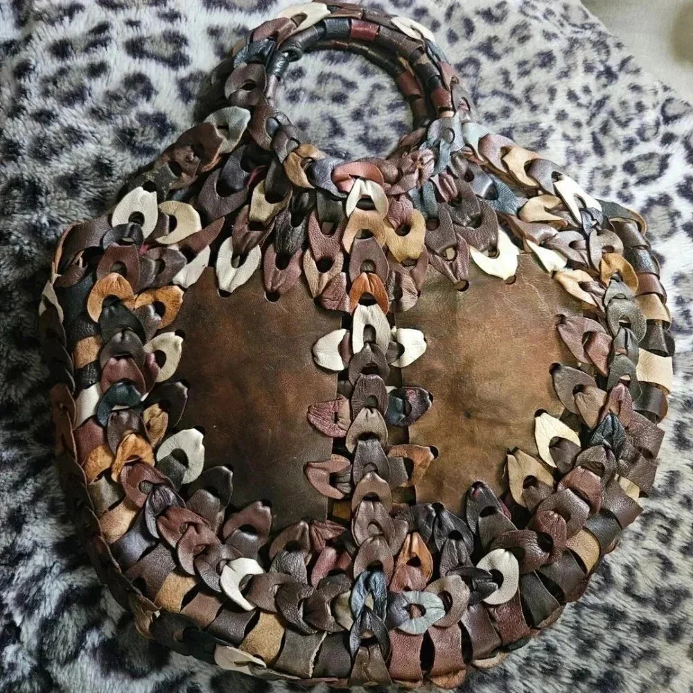 Vintage 70's | Slouchy Hippie Boho Leather Earthy Tones Chain Patchwork  Handbag - Picture 7 of 14